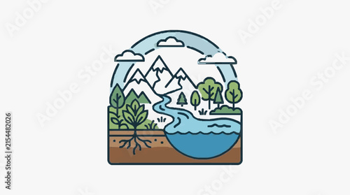 Physical geography infographic icon showing Earth surface systems including snow-capped mountains, winding river, ocean, atmosphere with clouds, soil layers, vegetation and climate.