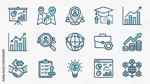 Business icon set for investment decks featuring talent location pins, workforce charts, education symbols, financial growth, and global recruitment icons in flat vector style.