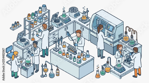 Isometric pharmaceutical laboratory illustration featuring scientists in white coats working with flasks, test tubes, pipettes, centrifuges, and advanced medical research equipment.