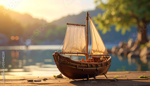 Wooden sailboat lake sunlight