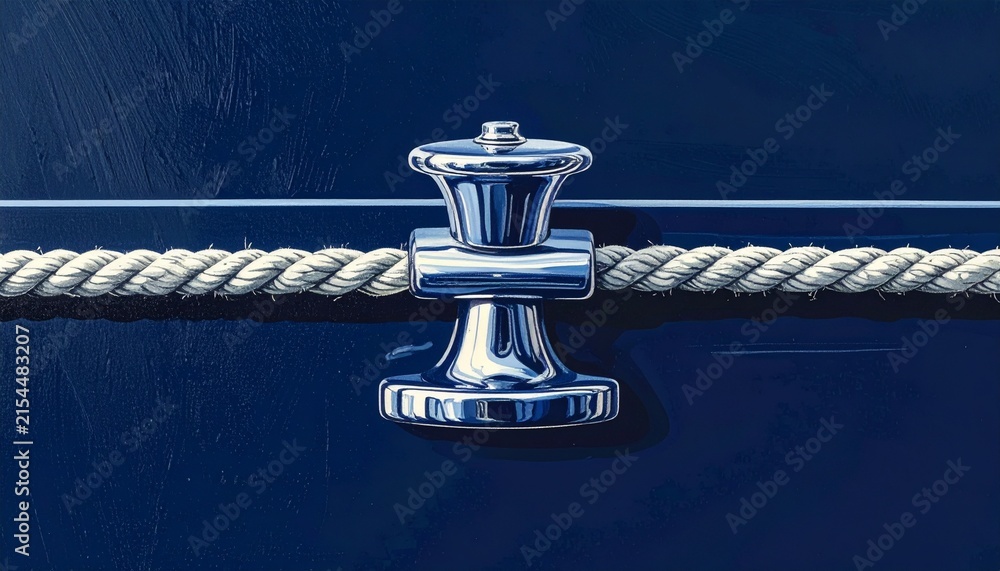 Fototapeta premium Close up of polished metal mooring cleat with rope.