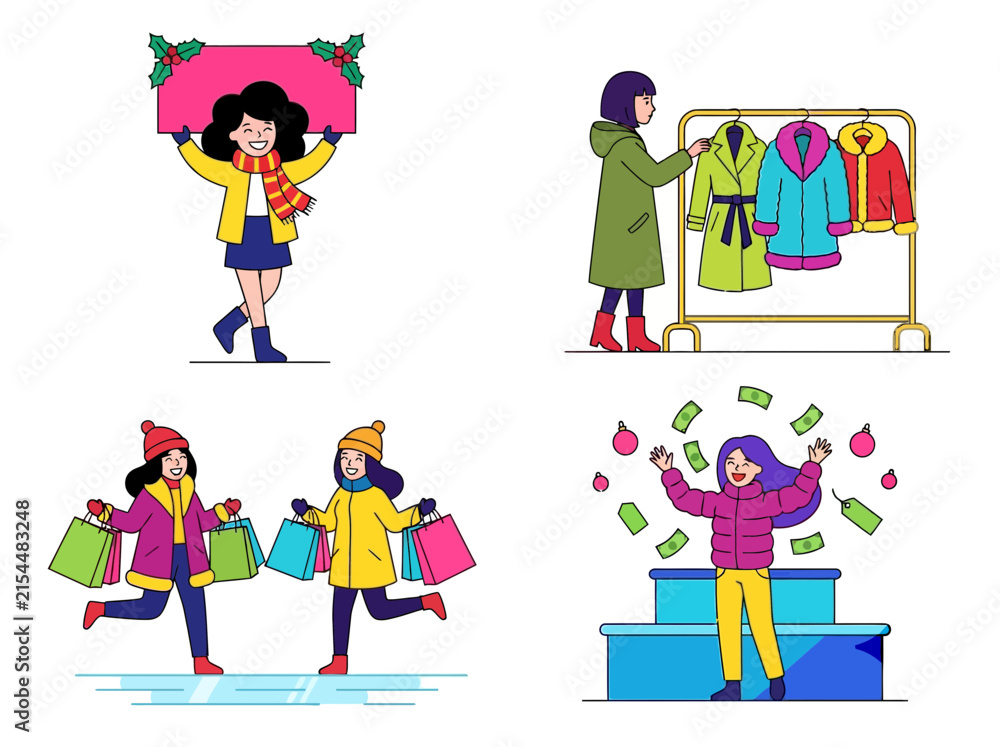 Fototapeta premium Set of winter shopping illustrations featuring women with bags, clothing racks, and holiday sales promotions.