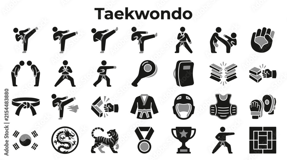 Fototapeta premium Set of Taekwondo martial arts icons including fighters training equipment protective gear and traditional symbols isolated on white background
