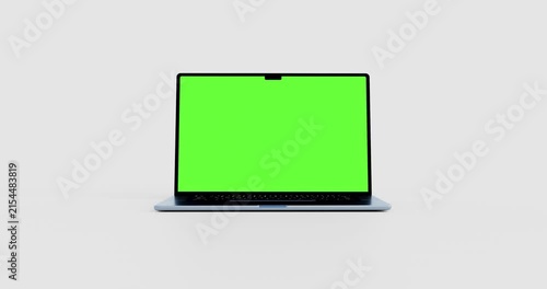 Green screen mockup of 3D laptop scaling up and rotating to face camera smoothly on white background