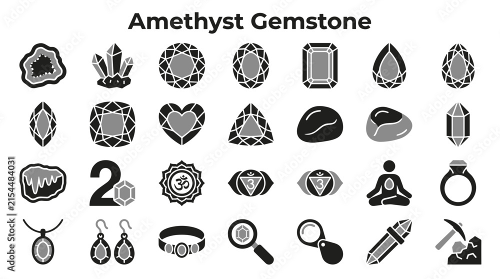 Fototapeta premium Set of amethyst gemstone icons featuring various cuts and jewelry designs for spiritual and luxury jewelry concepts isolated on white background
