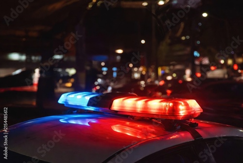 Blurred background of police flashing lights at the crime scene 