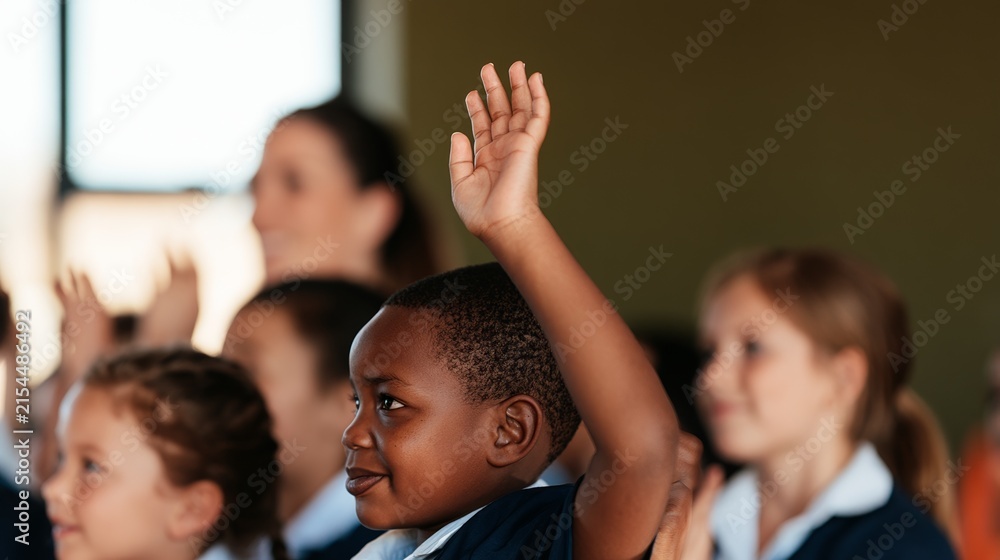 Fototapeta premium Young Child Raising Hand in Classroom with Adults, Raised Index Finger.