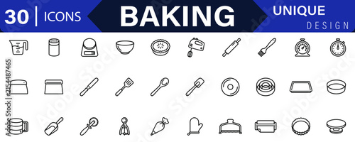 Baking Kitchen Tools and Pastry Equipment Line Icon Set. Includes Measuring Cup, Kitchen Scale, Mixing Bowl, Rolling Pin, Spatula, Oven Mitt icons. Vector icon collection