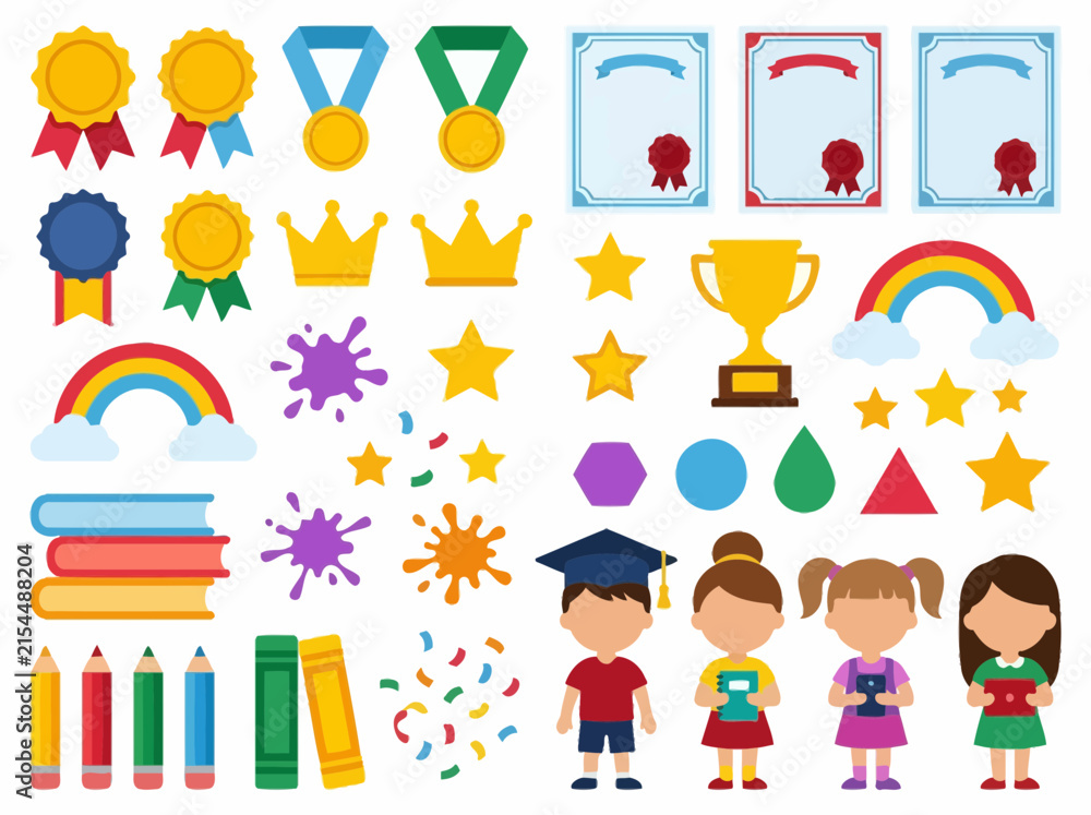 Naklejka premium Educational achievement icon set with students, medals, and school supplies