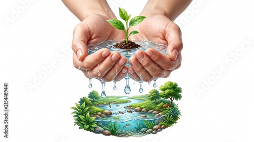 Environmental conservation concept with hands holding water and green sprout, sustainable ecosystem growth, water resource protection isolated PNG with Transparent Background