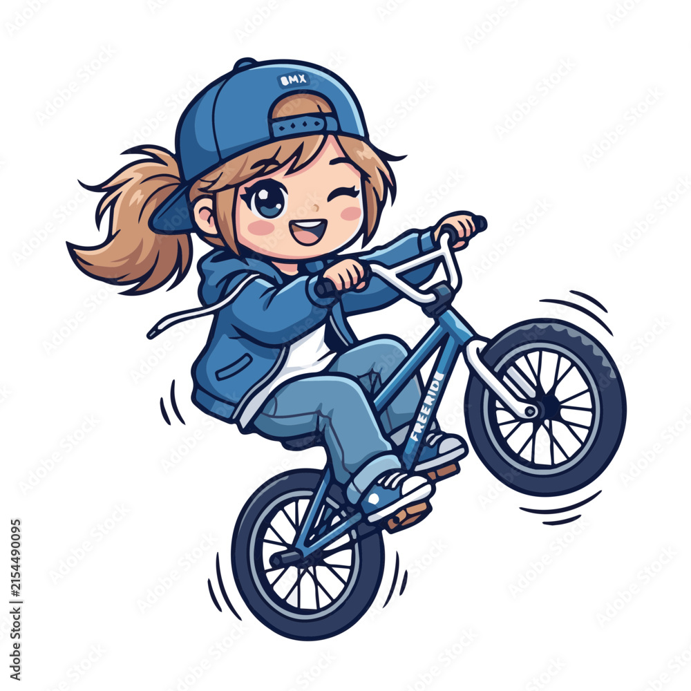 Fototapeta premium Cute Chibi Girl Character Riding a BMX Bicycle and Performing a Wheelie Stunt Vector Illustration