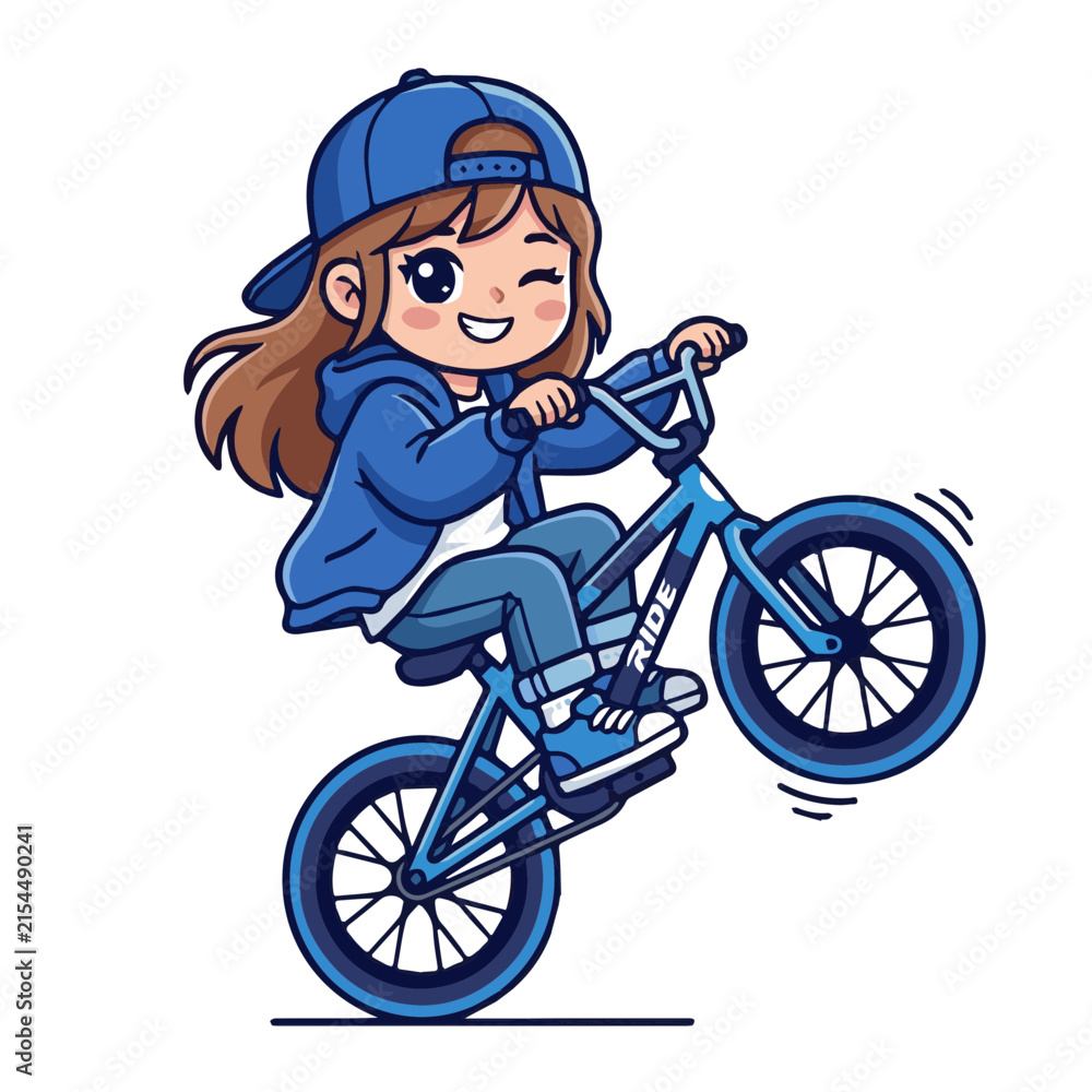 Fototapeta premium Cute Chibi Girl in Blue Hoodie and Cap Riding a BMX Bicycle Doing a Wheelie, Cartoon Illustration