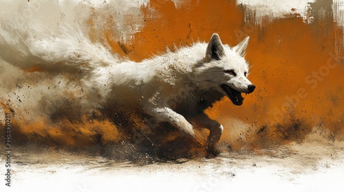 Dynamic Running White Wolf in Dusty Environment with Dust Clouds