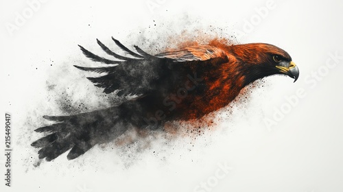 Dynamic watercolor style illustration of a fierce red and black eagle in flight with splatter effects