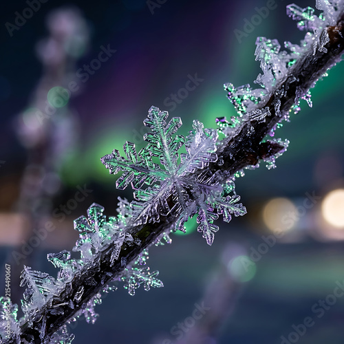Detailed snowflakes on branch under aurora borealis northern lights in starry night winter landscape forest.