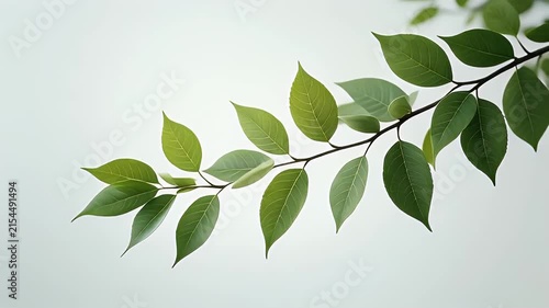 Leaves on a slender branch extend diagonally across a clean white background, showcasing vibrant green foliage and natural simplicity.