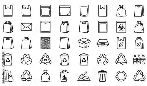 Packaging and Recycling Line Icon Set Featuring Plastic Bags, Trash Bins, Waste Management Symbols, and Eco Friendly Sustainability Graphics for Web Layouts