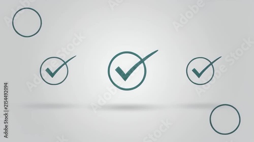 Checkmark icons in circular frames float above a soft grey surface with shadows, representing task completion, successful business operations, and quality assurance checklists.