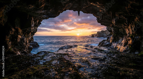 Dramatic sunset over ocean viewed from inside coastal cave, vibrant sky and crashing waves.