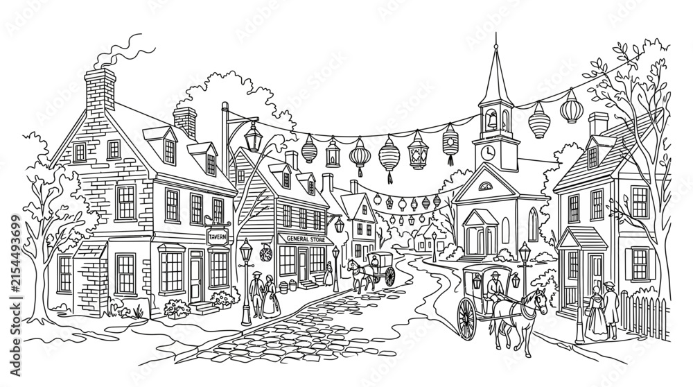 Fototapeta premium Hand Drawn Colonial Village Street Scene with Horse Carriages and Lanterns