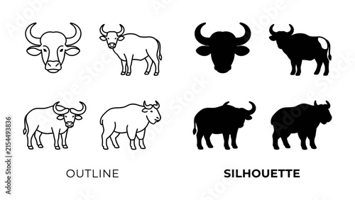 Water Buffalo Icon Set: A collection of stylized illustrations and silhouettes of water buffaloes, showcasing their distinct horns and powerful build.