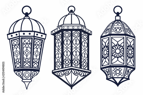Decorative ramadan lantern vector graphic set featuring ornate geometric patterns and traditional islamic art style silhouettes on white background elements