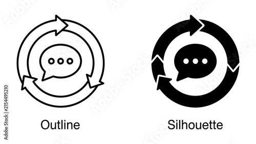 Communication Cycle Icons: Two circular arrows encircle a speech bubble graphic, representing the continuous flow of communication and conversation in outline and silhouette styles.