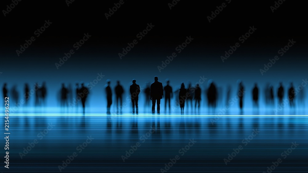 Fototapeta premium Abstract illustration of silhouetted figures standing on a glowing blue digital surface, representing connection, data flow, and modern communication in a futuristic environment