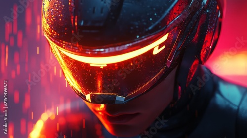 High tech racing helmet on anonymous biker with reflective visor neon light drops and dramatic shadows futuristic motorsport protection speed adrenaline urban cyberpunk style night portrait view scene