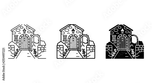 Stone Cottage Facade Vector Icons, Rustic Architecture, European Village Building, Architectural Elements