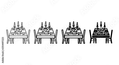 Dinner Table Setting Icons, Festive Meal Arrangement, Elegant Dining Scene, Celebration Vector Graphics