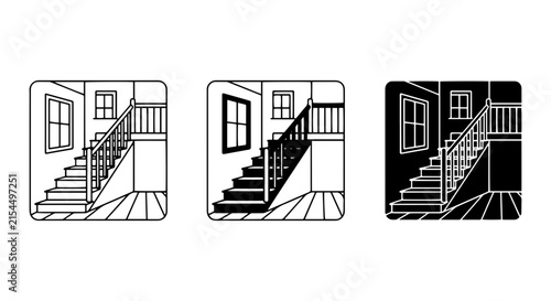 Staircase Icons Set, Interior Architecture Design Elements, Home Building Vector Graphics
