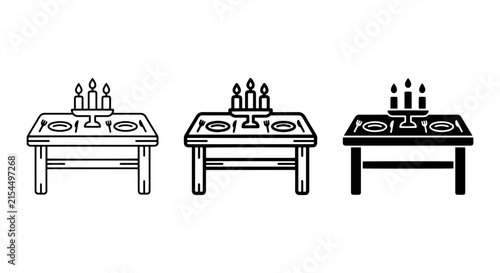 Candlelit Dinner Table Setting Icons, Festive Dining Arrangement Vector Graphics, Elegant Meal Scene Illustrations