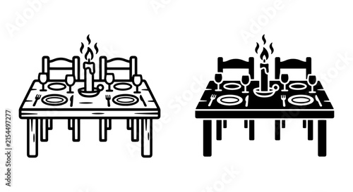 Rustic Dinner Table Setting, Candlelit Meal, Two Chairs, Vector Icons