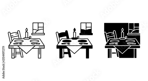 Dinner Table Setting Icons, Candlelit Meal Scene, Restaurant Service Vector Graphics