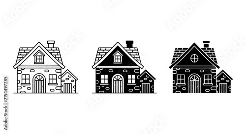 Charming Stone House Icons, Black and White Cottage Illustrations, Cozy Dwelling Vector Set
