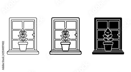 Potted Plant Window Icons, Simple Outline & Silhouette, Home Decor Vector Graphics