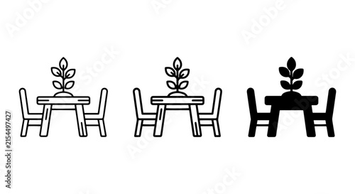 Minimalist Table and Chairs Icons, Simple Dining Set Vector Graphics, Modern Cafe Furniture Symbols