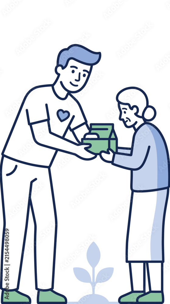 Obraz premium Volunteer giving food box to elderly woman community support charity donation help concept isolated on transparent background