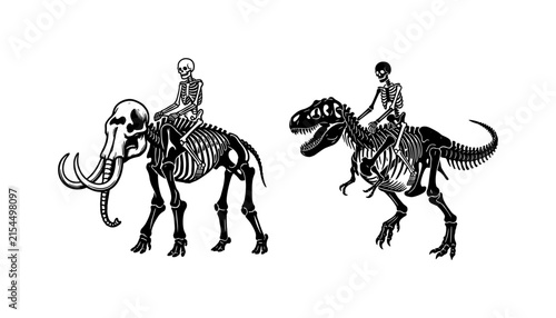 Human skeleton riding mammoth and dinosaur fossils vector illustration set for Halloween, vintage graphic design, and dark art