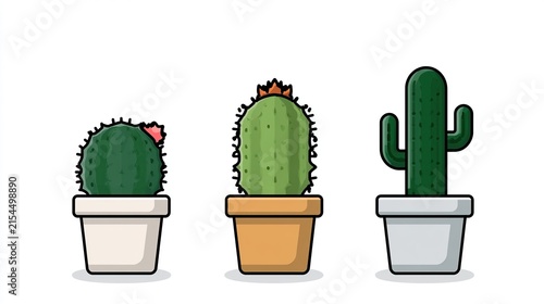 Three Different Potted Cacti on a White Background