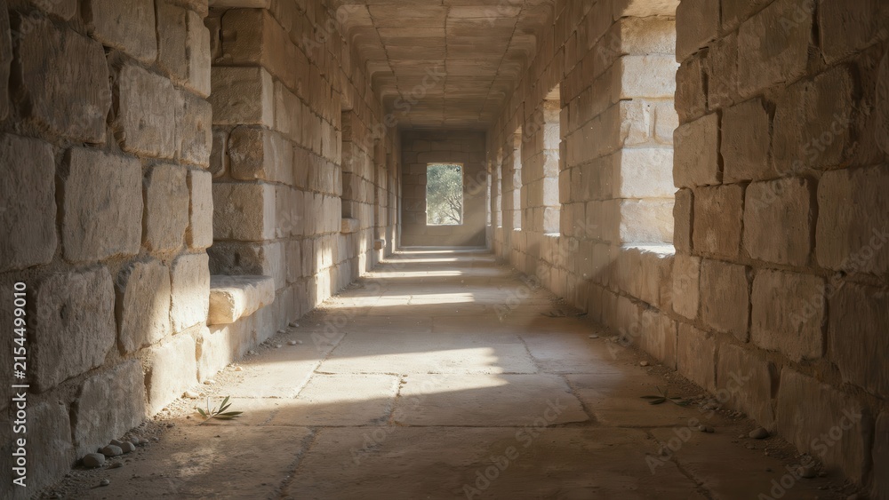 Fototapeta premium A long stone corridor with arched windows, weathered masonry walls, and soft sunlight streaming through, creating deep shadows in an old building