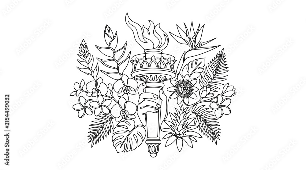 Fototapeta premium Continuous Line Art of Hand Holding Flaming Torch Surrounded by Tropical Flowers