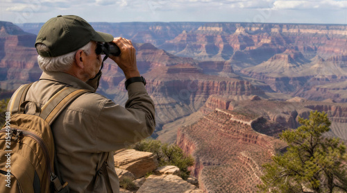 Senior male hiker using binoculars to view the Grand Canyon landscape