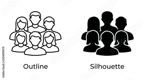 Photography Group of People Icons: A set of simple graphic icons representing a group of people, with one illustration showing an outline and the other a solid silhouette