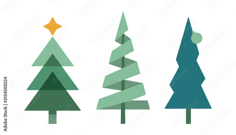 Obraz premium Three stylized green trees with brown trunks forest