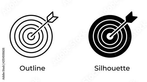 Target and Arrow Icon Set: A clean outline and a solid silhouette of a target with an arrow piercing the bullseye, representing focus, accuracy, and achieving goals.
