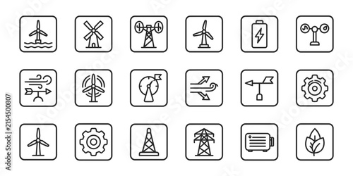 Set of simple hand drawn wind energy and renewable power icons in a flat line style design