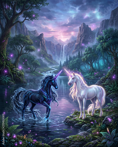 Schwarz weiße Einhörner in einer Wasserlandschaft