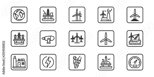 Set of hand drawn energy and power icons featuring wind turbines oil rigs and factory symbols